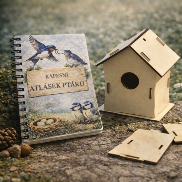 Kapesní atlásek ptáků pro děti + dřevěná budka (dárkový balíček)